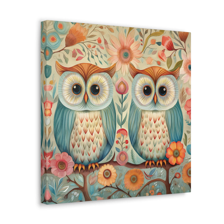 Perched Owls Whimsical Canvas Wall Art