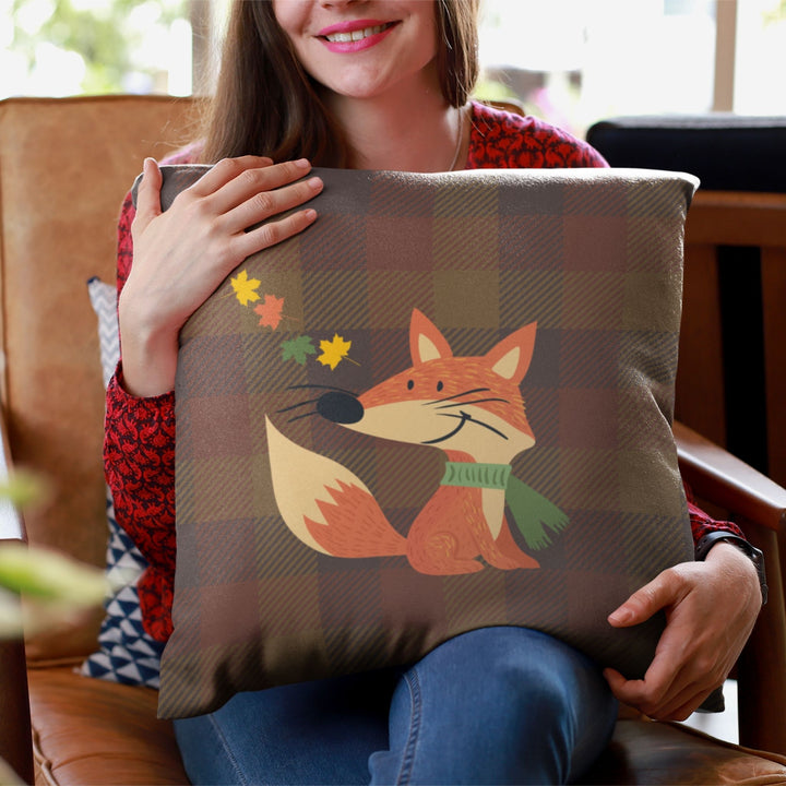 Falling Leaves Fox Decorative Throw Pillow in Plaid