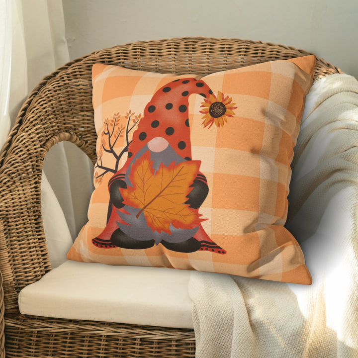 Autumn Gnome Decorative Throw Pillow in Orange Plaid