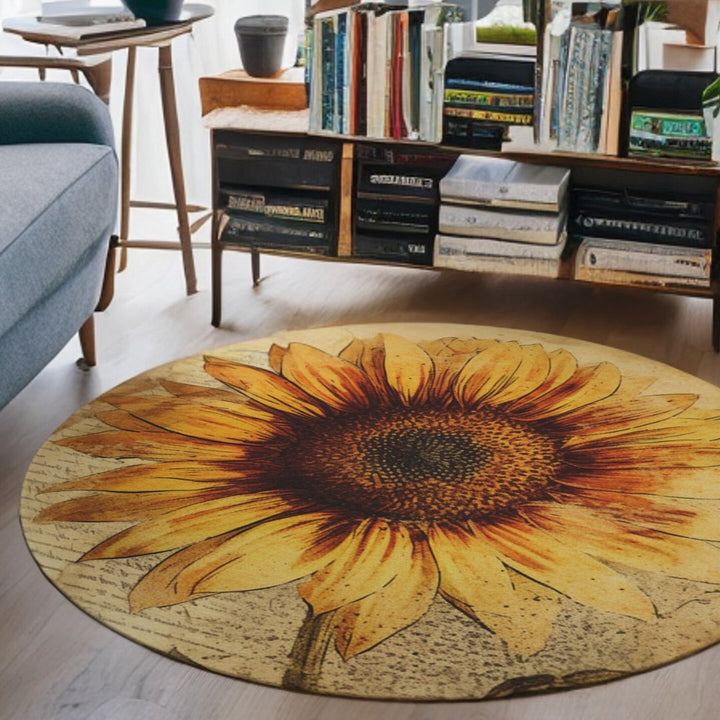 Faded Sunflower Sketch 5 Foot Round Area Rug